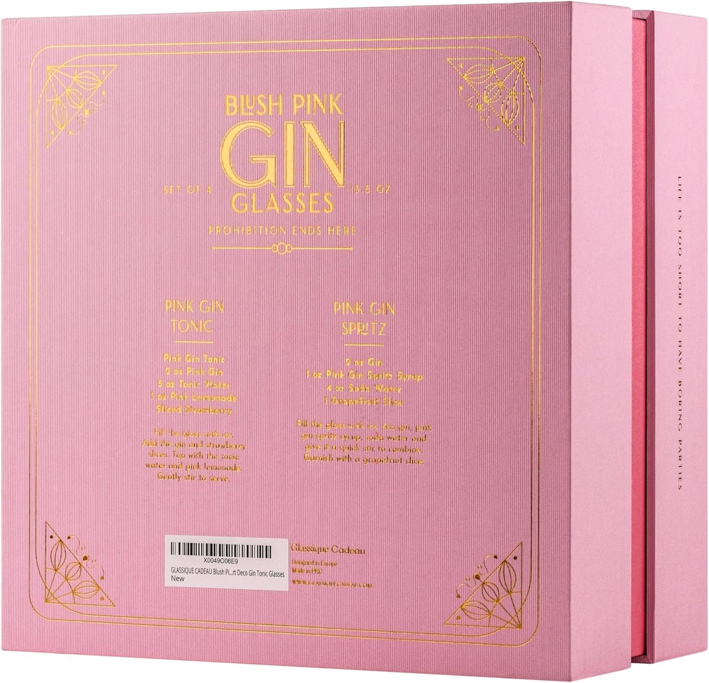 Art Deco Blush Pink Gin and Tonic Glasses with Gold Rims Gift Set of 4 – packaging unboxing detail