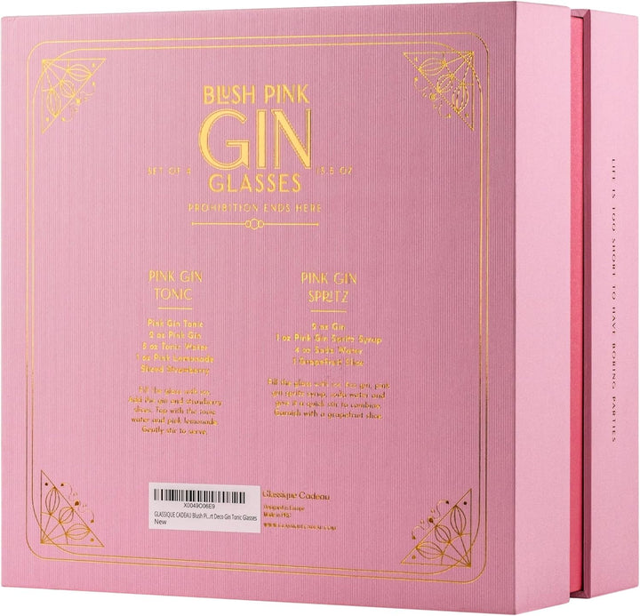 Vintage Art Deco Blush Pink Gin and Tonic Glasses with Gold Rims | Set of 4 | 13.5 oz