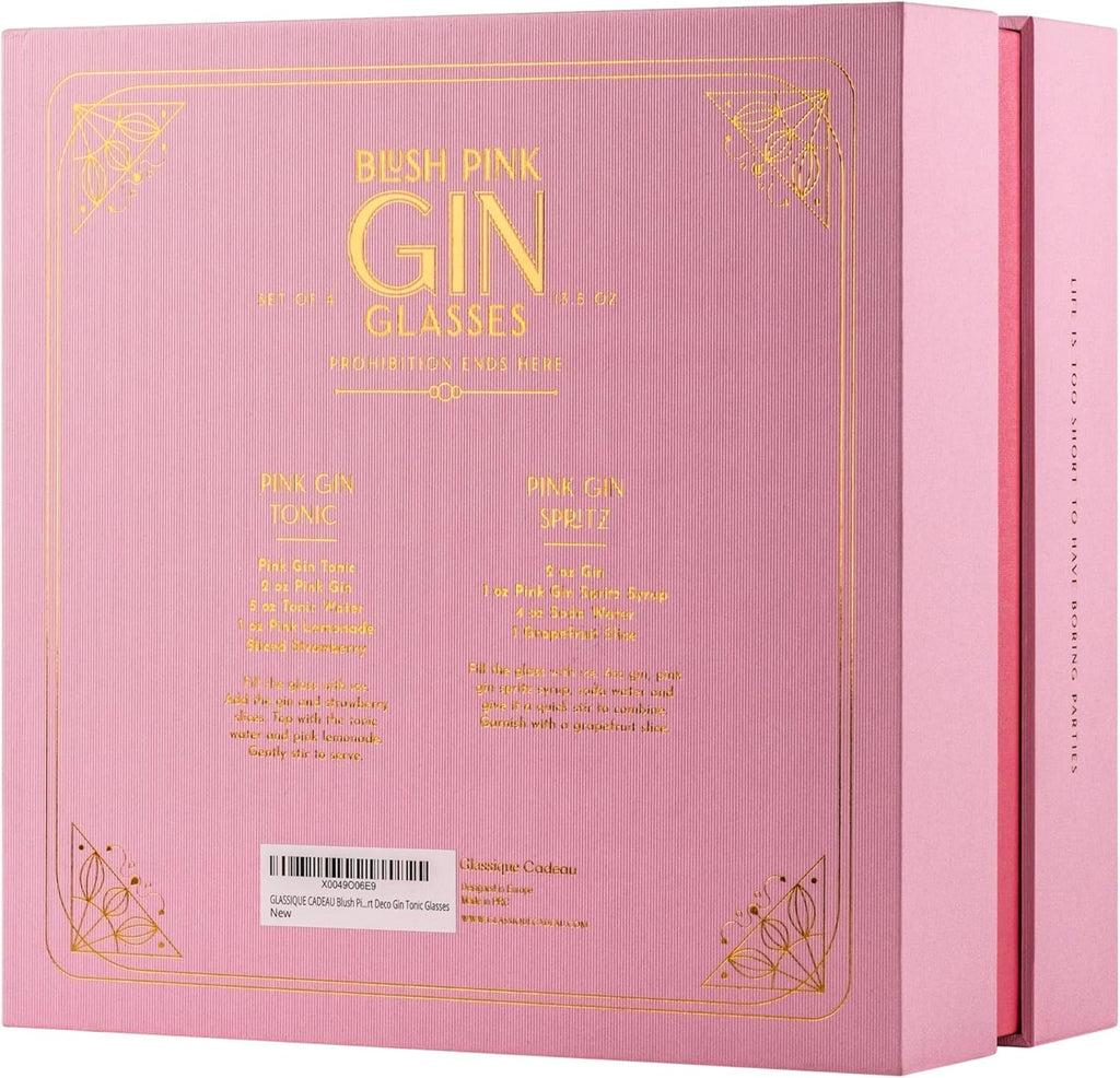 Vintage Art Deco Blush Pink Gin and Tonic Glasses with Gold Rims | Set of 4 | 13.5 oz