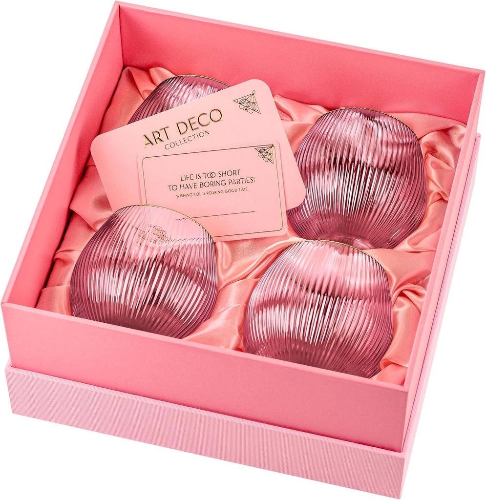 Vintage Art Deco Blush Pink Gin and Tonic Glasses with Gold Rims | Set of 4 | 13.5 oz