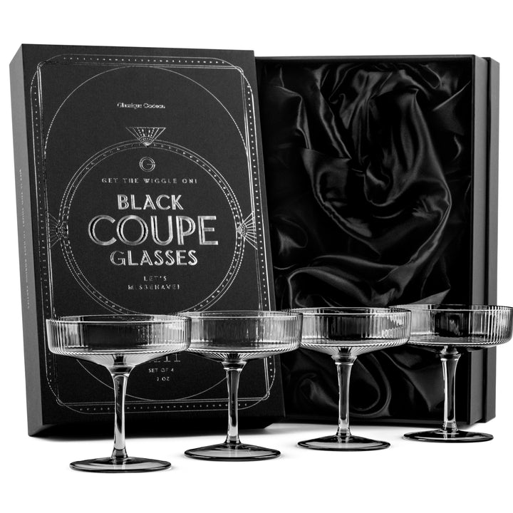 Vintage Art Deco Smoke Black Coupe Glasses | Set of 4 | 7 oz