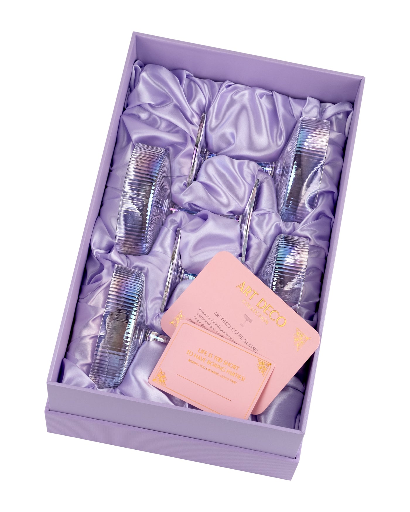 Art Deco Iridescent Champagne and Cocktail Coupe Glasses Gift Set of 4 – set scale and proportions