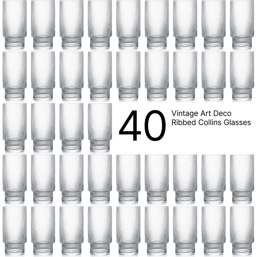 Vintage Art Deco Ribbed Collins Glasses | Set of 4 | 14 oz