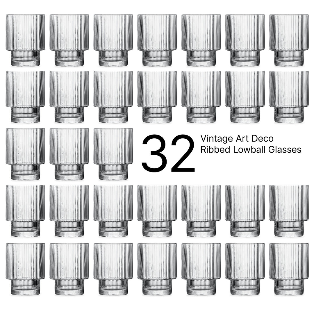 Art Deco Ribbed Lowball Glasses | No Gift Packaging | Party Set of 32 Glasses