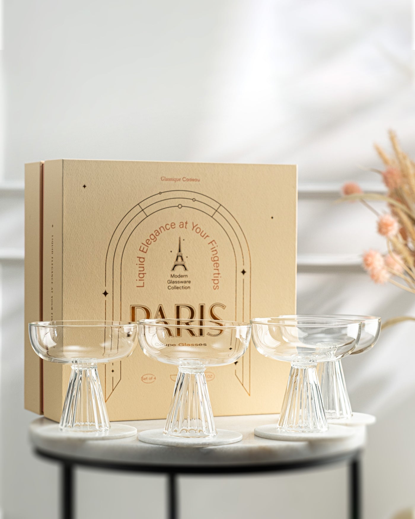 Paris Modern Coupe Cocktail and Champagne Glasses Gift Set of 4 – lifestyle hosting shot
