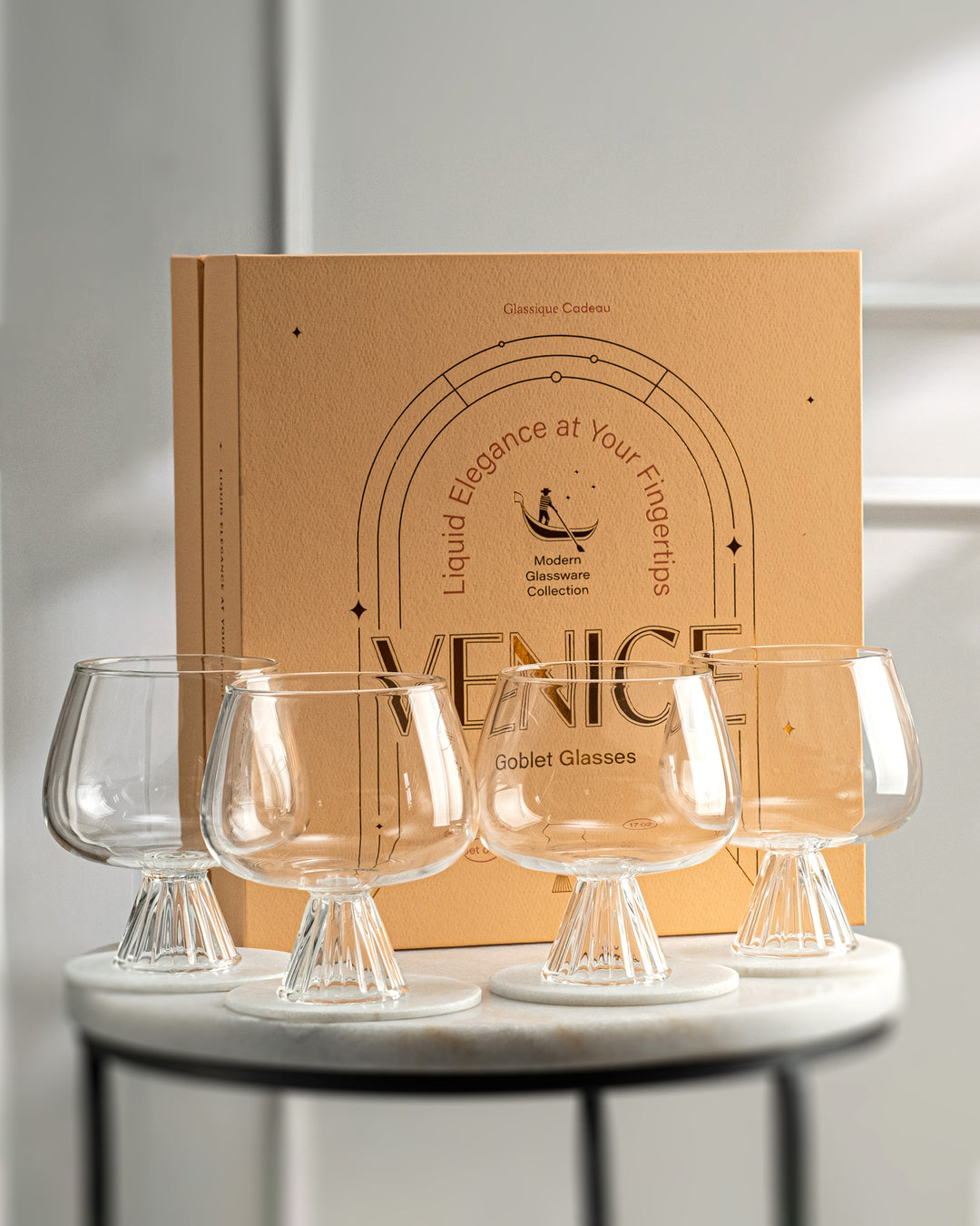 Glassique Cadeau Venice Goblet Cocktail Glasses for Gin Tonic, Aperol Spritz,Sangria | Modern Glassware Collection | Set of 4 | 17 oz Light