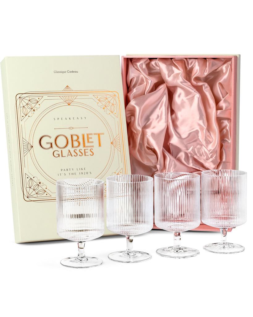 Vintage Art Deco Ribbed Goblet Cocktail Glasses with Stem | Set of 4 | 10 oz