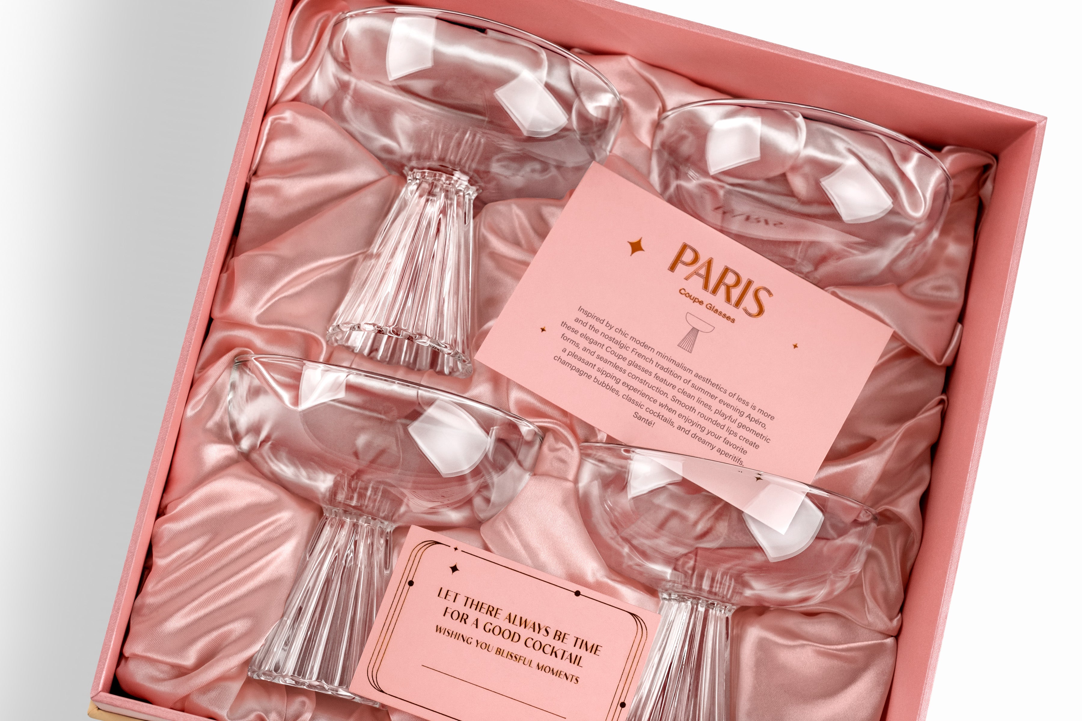 Paris Modern Coupe Cocktail and Champagne Glasses Gift Set of 4 – styled flat lay for celebrations