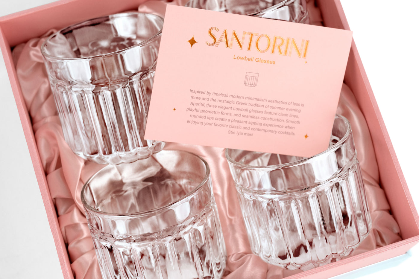 Santorini Modern Lowball Rocks Cocktail Glasses Gift Set of 4 – styled flat lay for celebrations