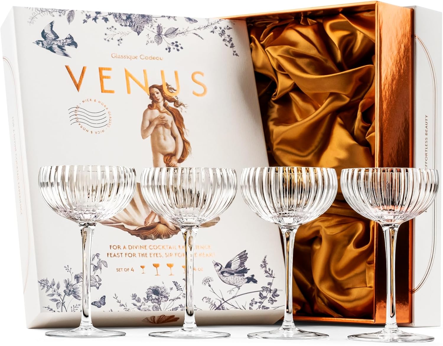 Venus Seashell Nick and Nora Cocktail Glasses Gift Set of 4 – ready-to-gift signature box