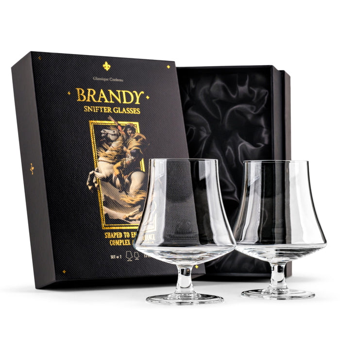 Brandy & Cognac Snifter Glasses Set of 2 – two snifters before the open black box with satin lining