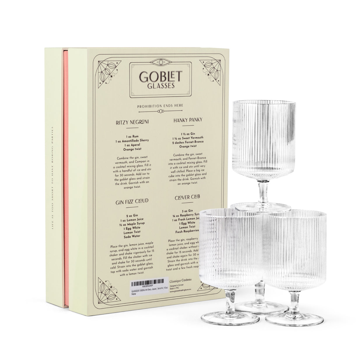 Art Deco Ribbed Goblet Cocktail Glasses with Stem
