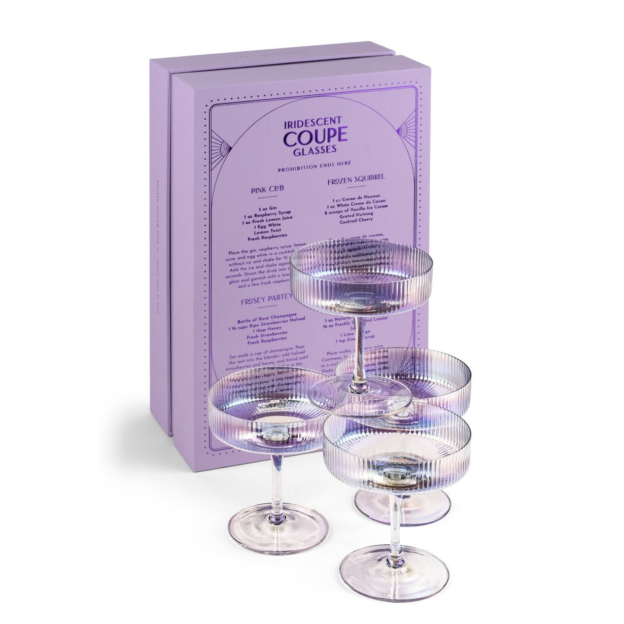 Four iridescent coupe glasses with a purple tint, displayed in front of their lavender packaging box on a white background.