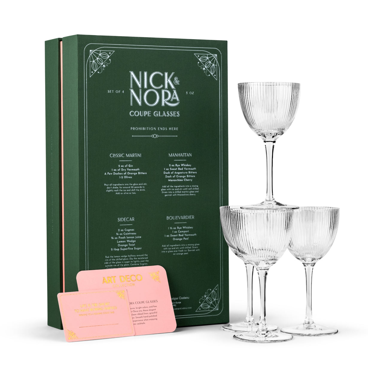 Nick and Nora Glasses – Ribbed Art Deco Coupes, Set of 4