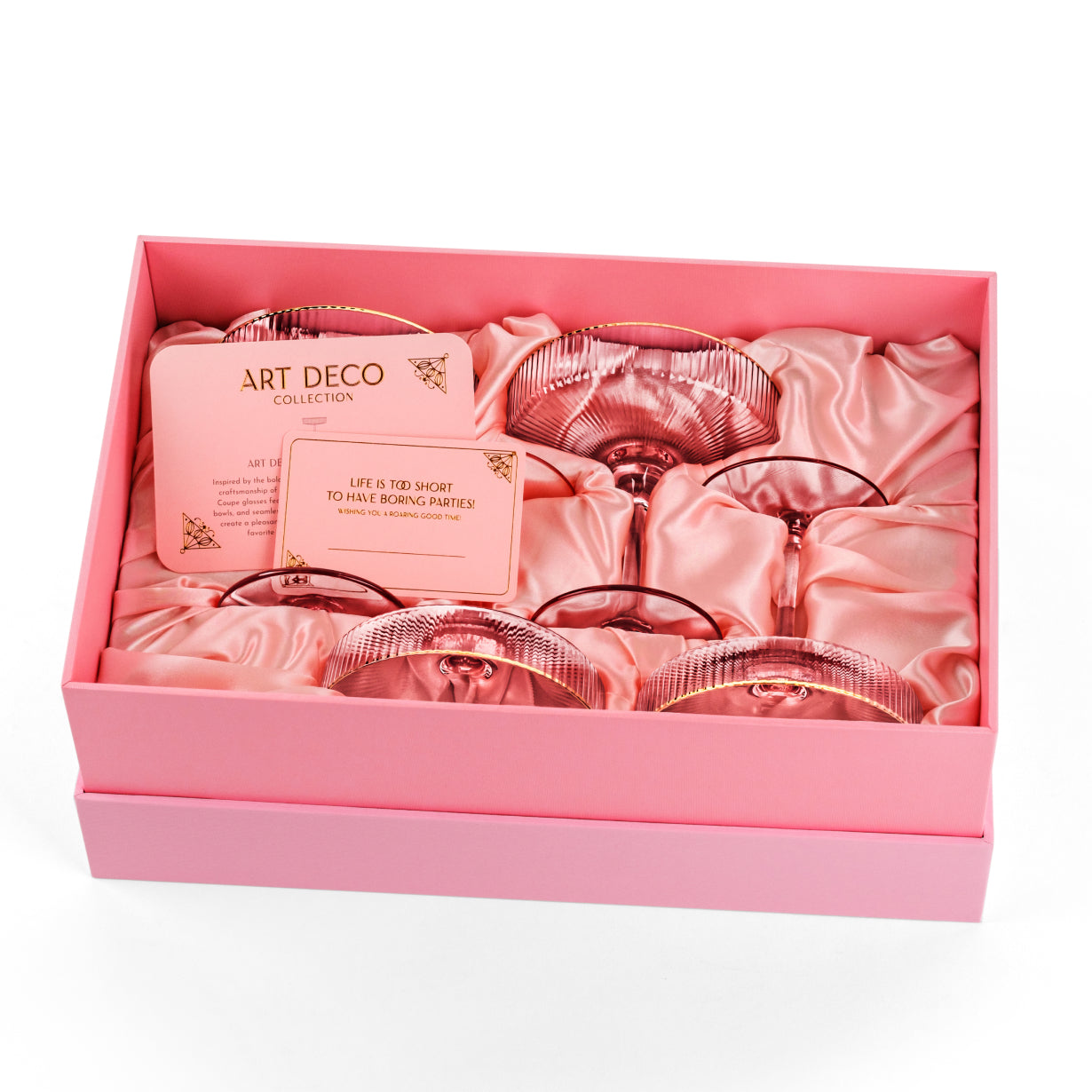 Art Deco Blush Pink Coupe Glasses with Gold Rims