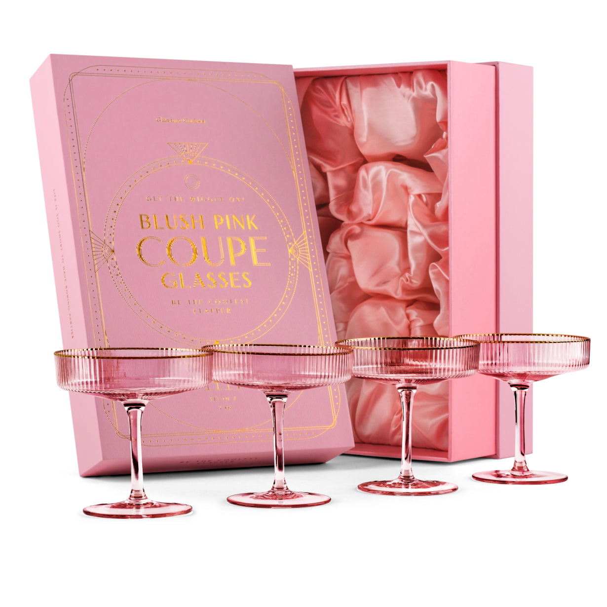 Art Deco Blush Pink Coupe Glasses with Gold Rims