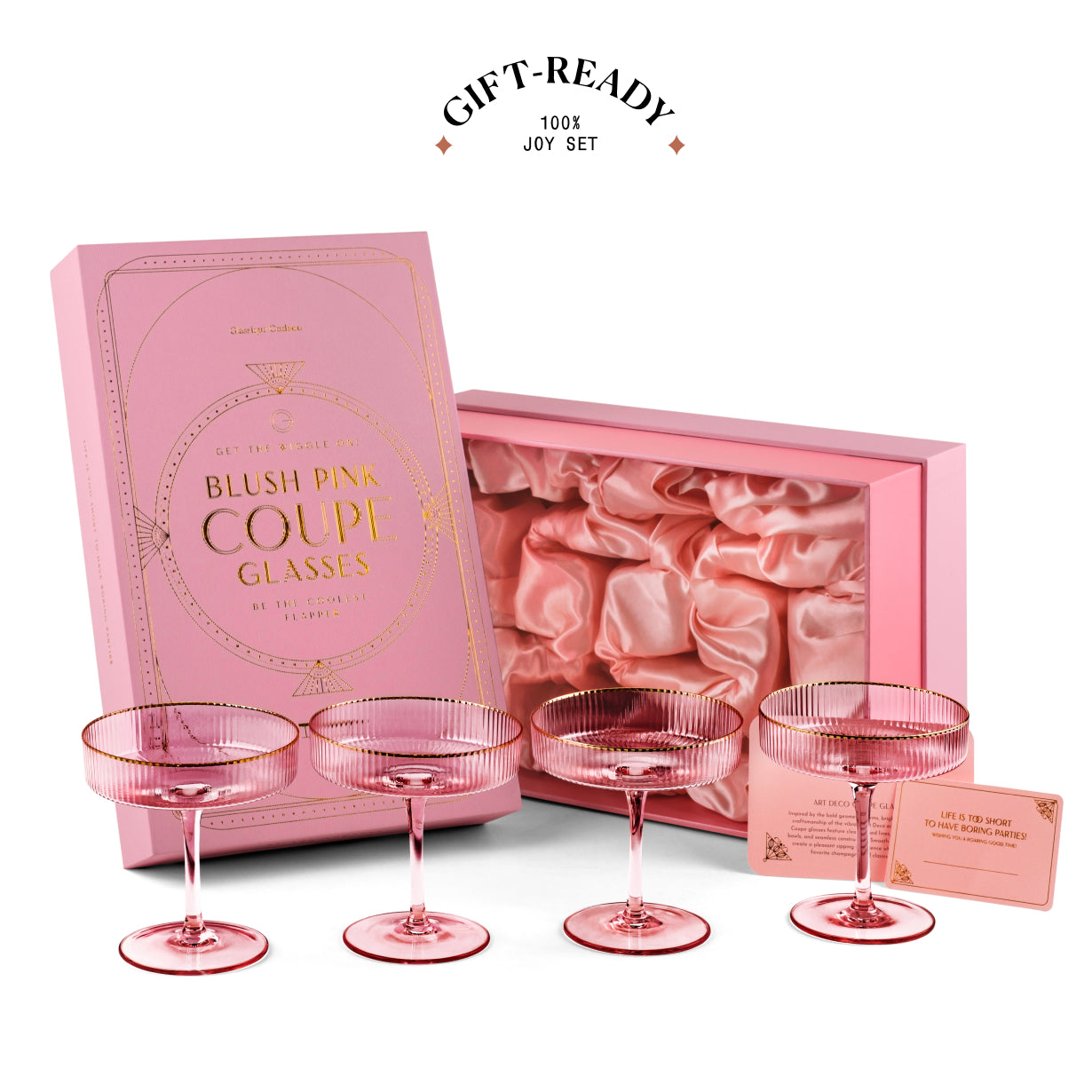 Art Deco Blush Pink Coupe Glasses with Gold Rims