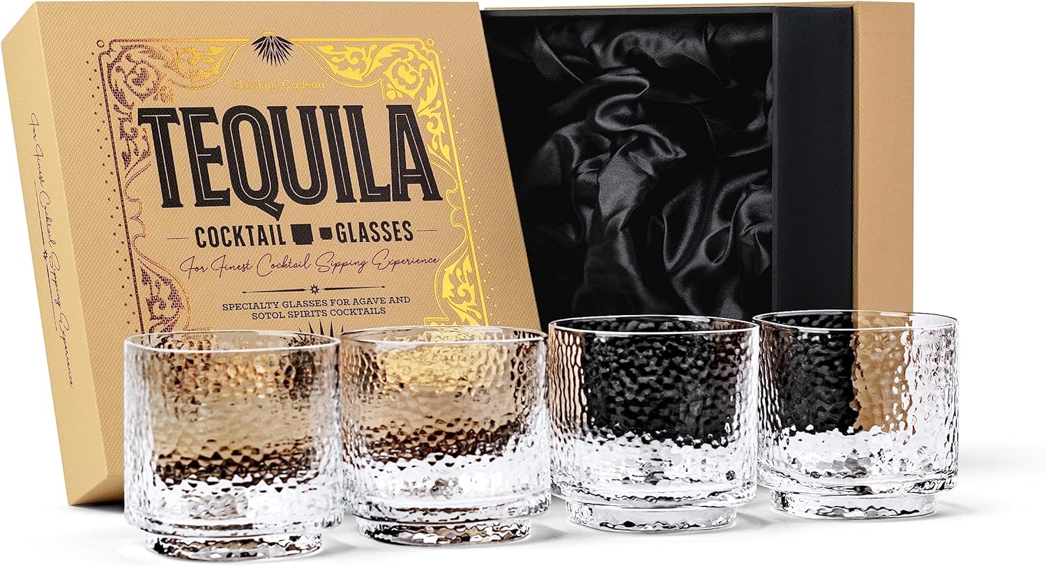 Tequila Sipping and Cocktail Glasses Set of 4 – hammered 10 oz lowballs, hand-blown crystal