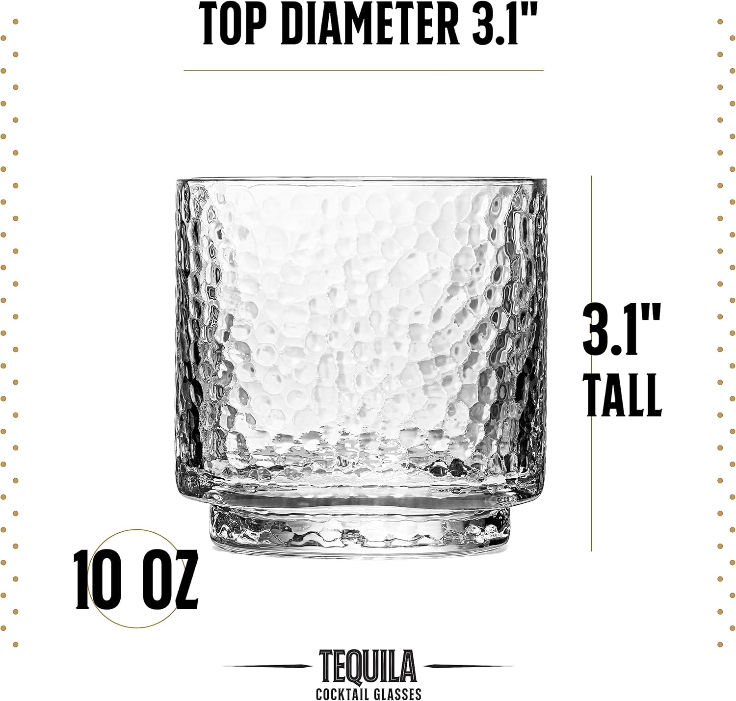 Tequila Sipping and Cocktail Glasses Set of 4 – hammered 10 oz lowballs, hand-blown crystal