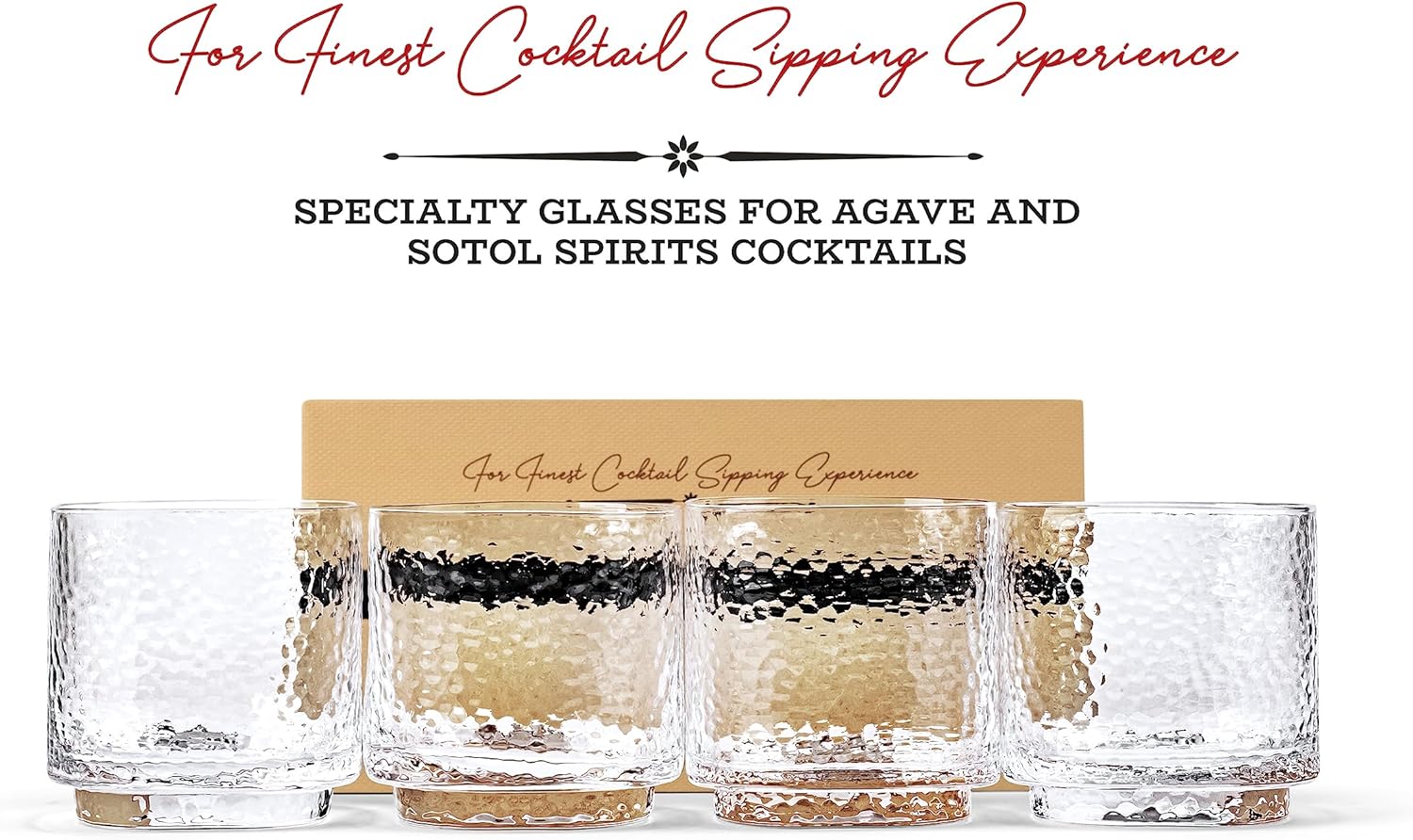 Tequila Sipping and Cocktail Glasses Set of 4 – hammered 10 oz lowballs, hand-blown crystal