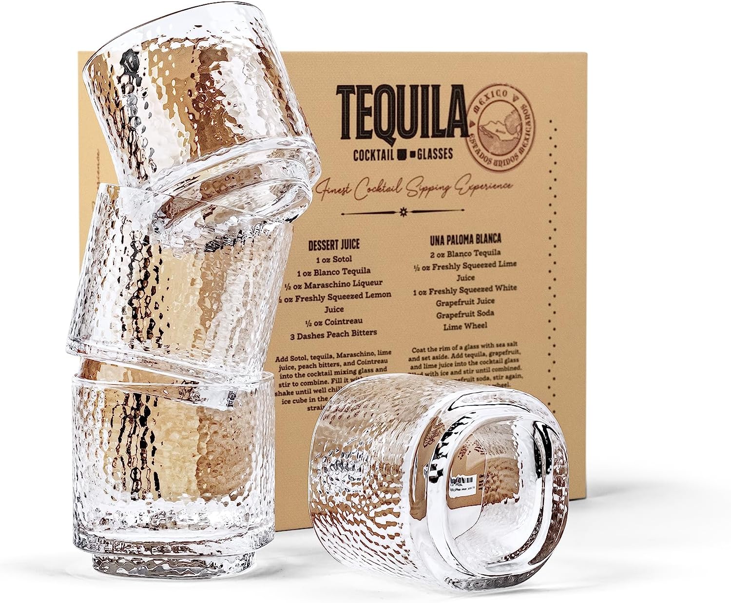 Tequila Sipping and Cocktail Glasses Set of 4 – hammered 10 oz lowballs, hand-blown crystal