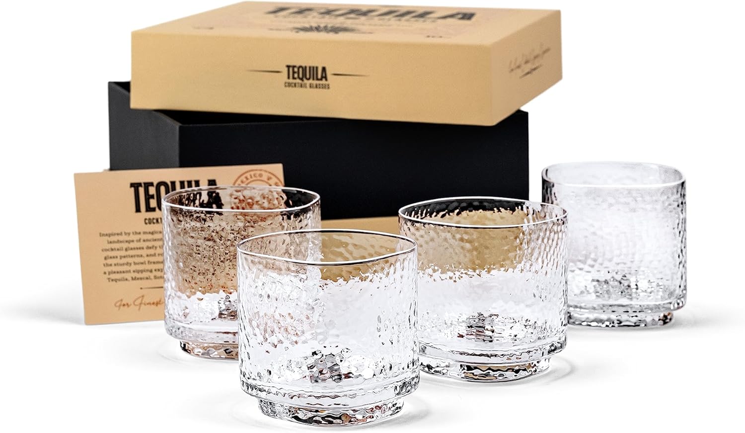 Tequila Sipping and Cocktail Glasses Set of 4 – hammered 10 oz lowballs, hand-blown crystal