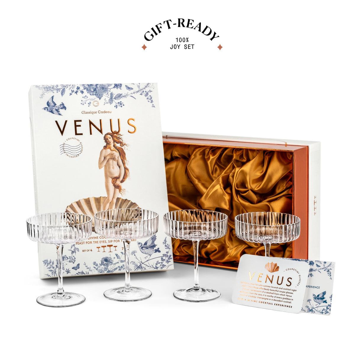 Venus Seashell Coupetini Cocktail Glasses Set of 4 – gift-ready set with box, satin lining and recipe card
