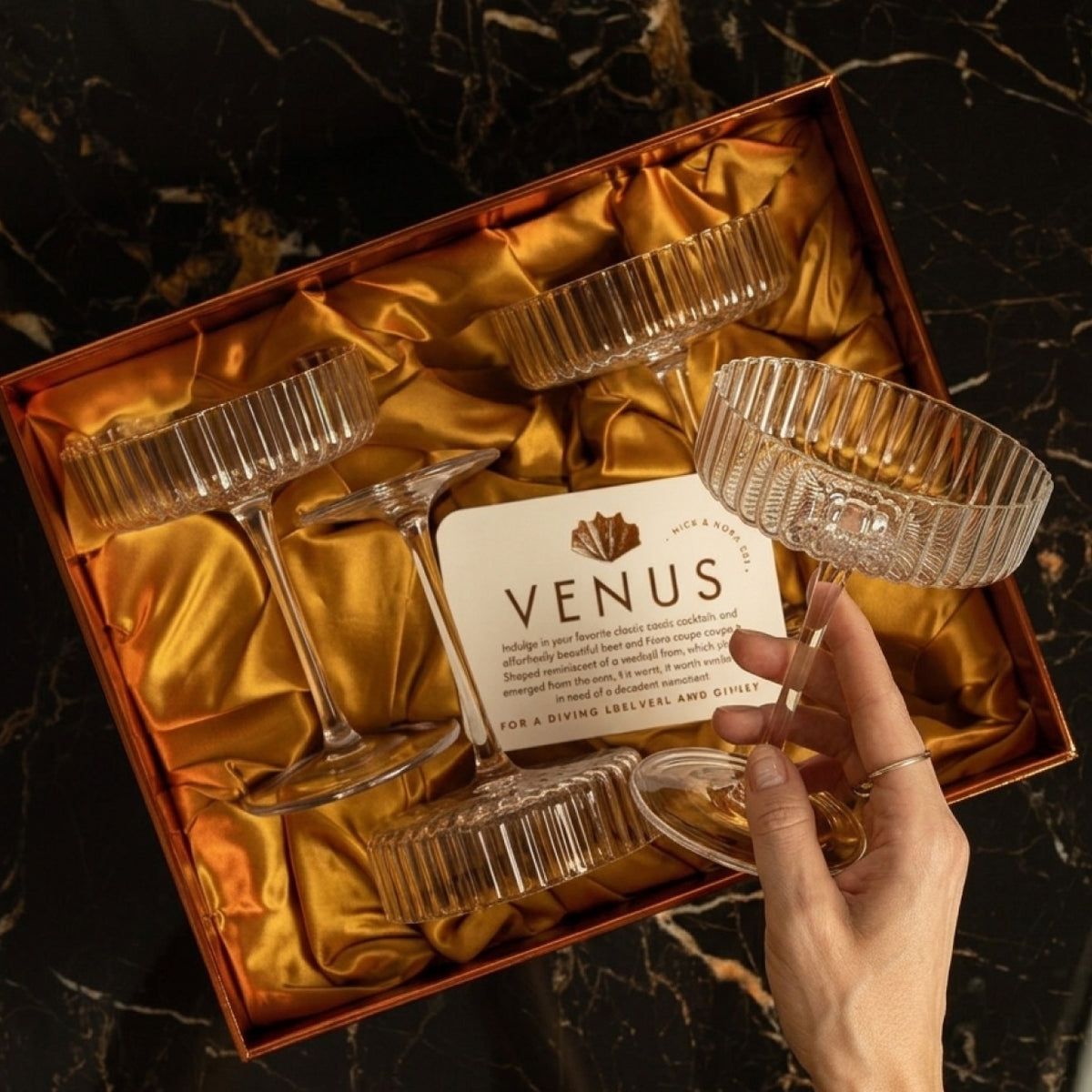 Venus Seashell Coupetini Cocktail Glasses Set of 4 – ribbed crystal coupetini raised over the open gift box