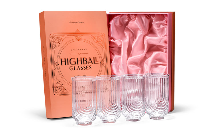 Vintage Art Deco Gatsby Highball Glasses | Set of 4 | 14 oz
