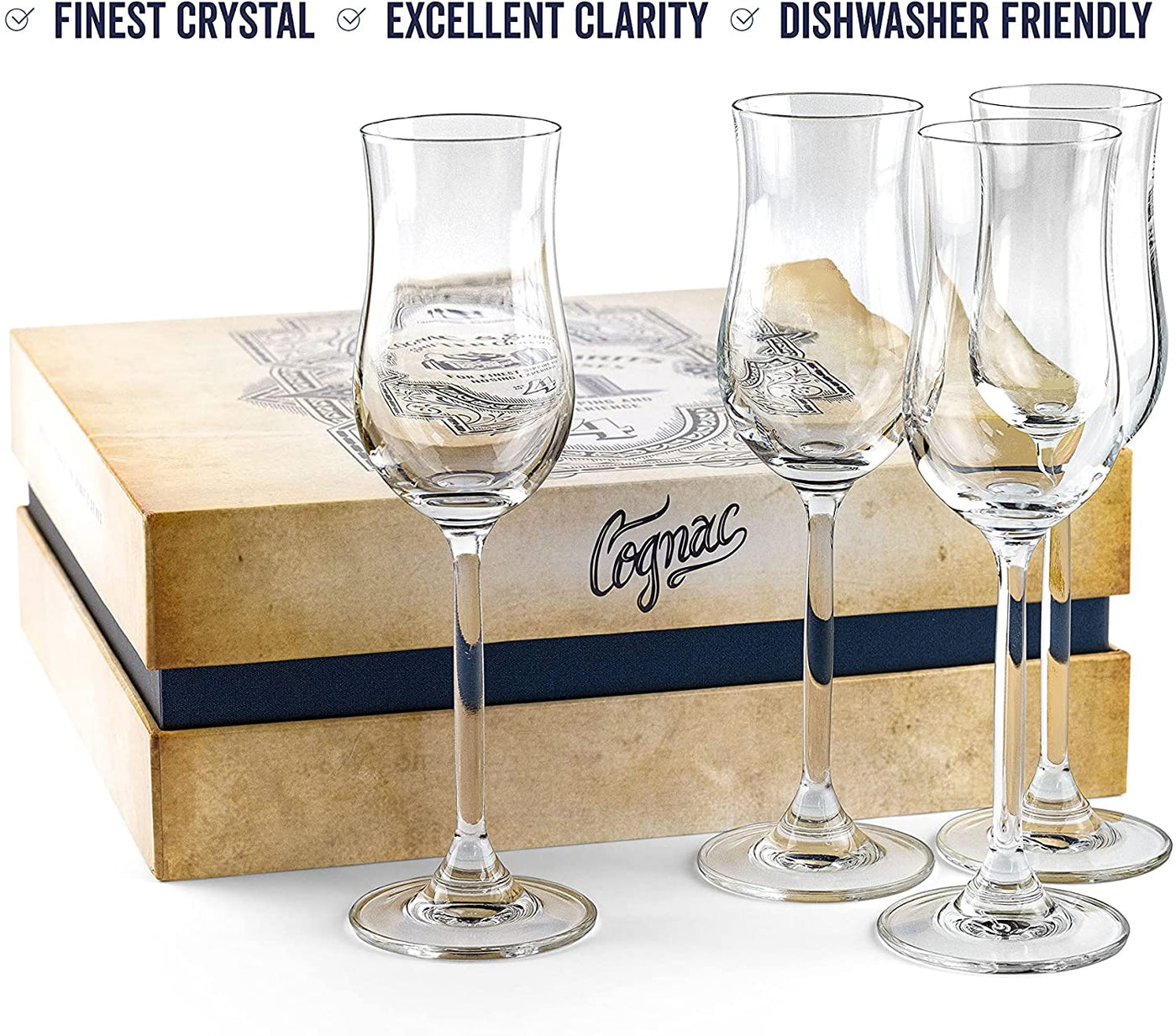 Cognac and Armagnac Tulip Snifter Copita Glasses Gift Set of 4 – styled flat lay for celebrations