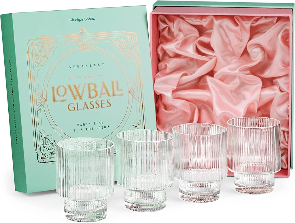 Vintage Art Deco Ribbed Lowball Glasses | Set of 4 | 12 oz