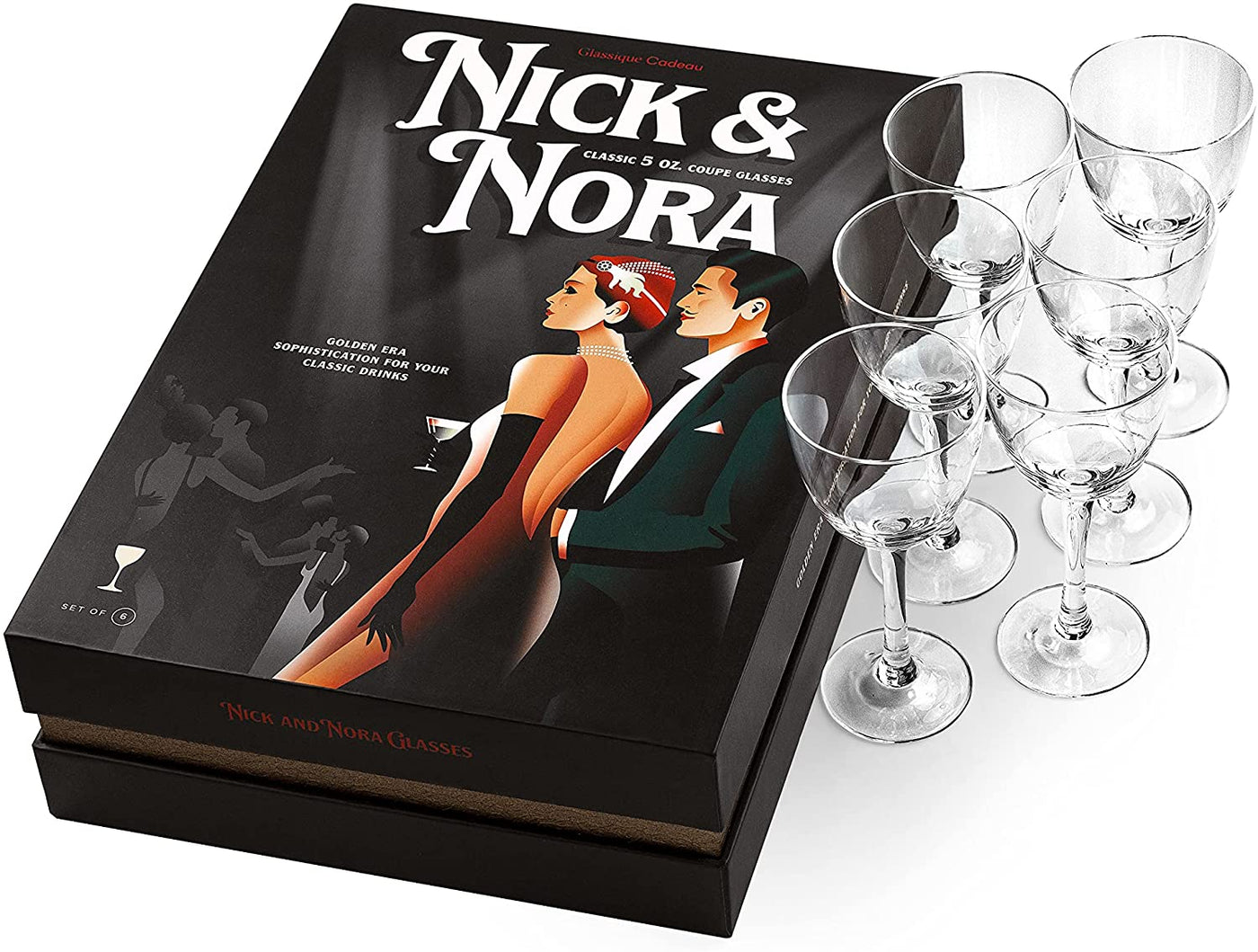 Retro Nick and Nora Coupe Glasses Gift Set of 6 – signature gift box closeup with cocktail recipes