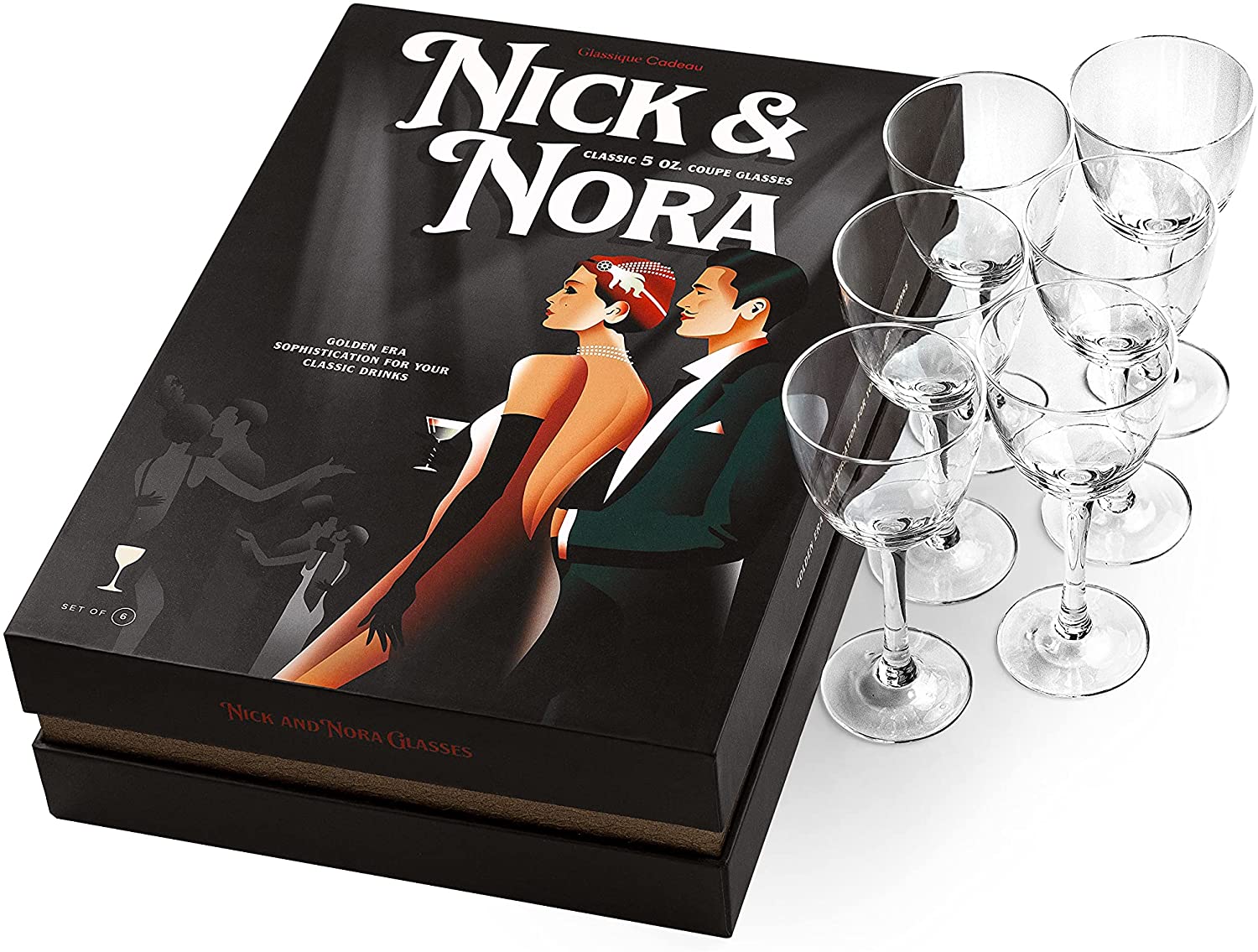 Retro Nick and Nora Coupe Glasses Gift Set of 6 – signature gift box closeup with cocktail recipes