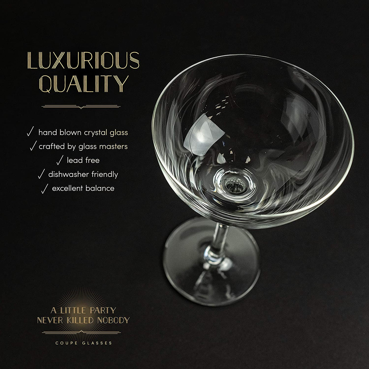 Vintage Roaring 20s Champagne and Cocktail Coupe Glasses Gift Set of 6 – detail of hand-polished crystal rim