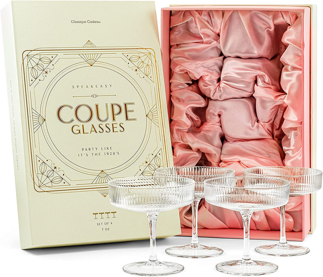 GLASSIQUE CADEAU Vintage Art Deco Ribbed Goblet Cocktail Glasses with Stem  | Set of 4 | 10 oz Short Stemmed Crystal Tumblers for Drinking Classic