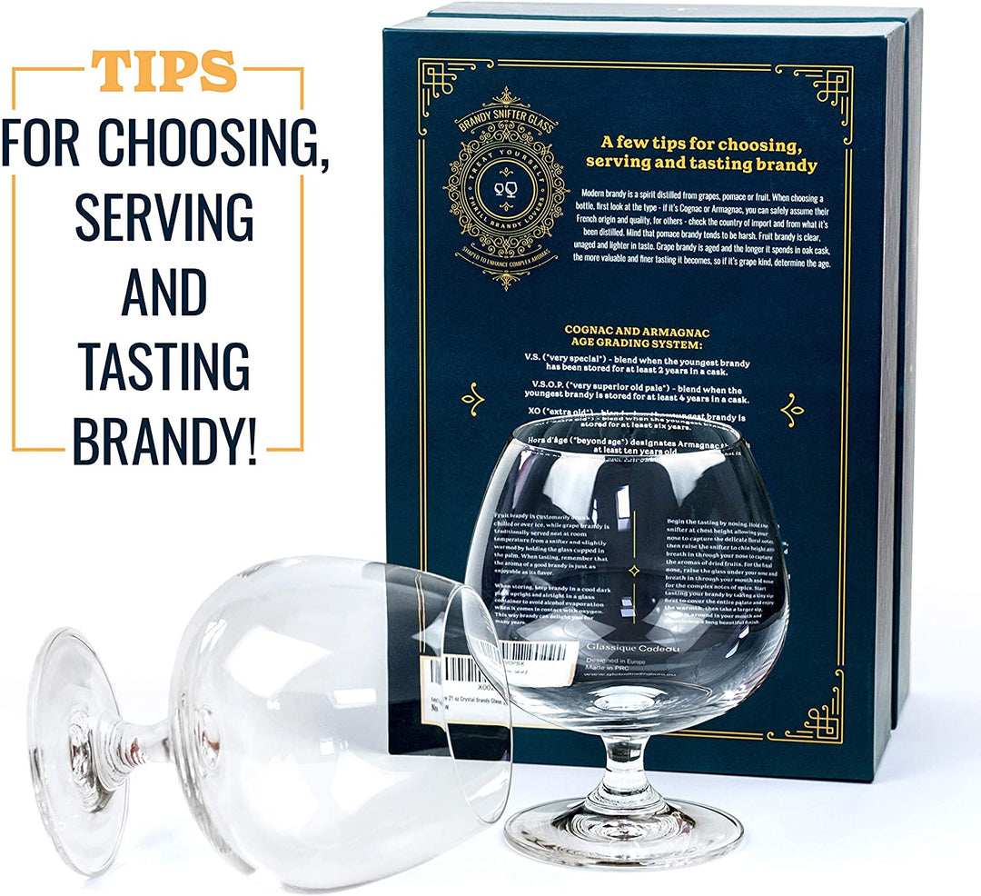 Glassique Cadeau Large 21 oz Crystal Brandy and Cognac Snifter Glasses | Set of 2 Short Stem Giant Sniffer Bowls | Drinking and Tasting Glassware for