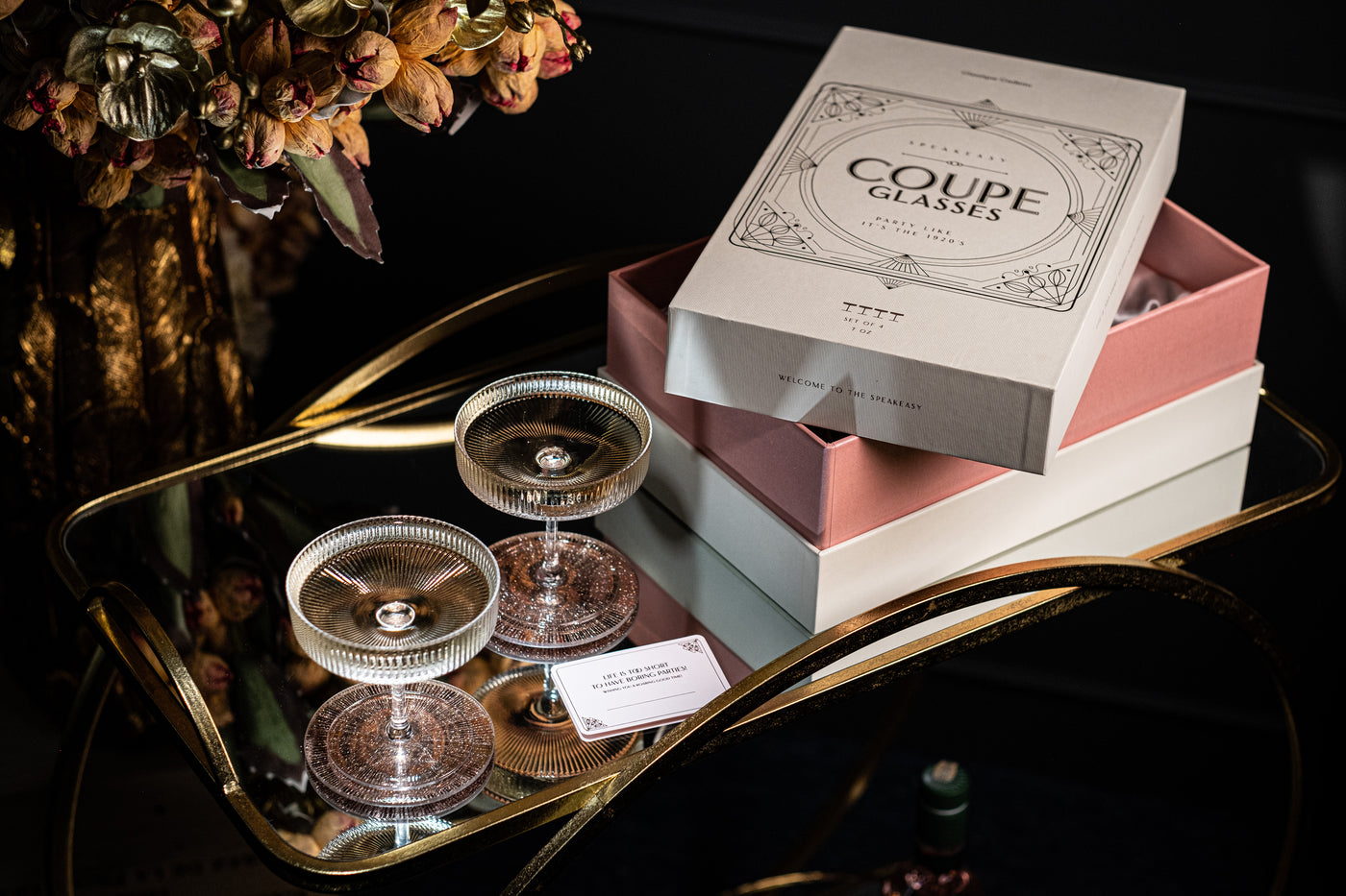 Vintage Art Deco Coupe Glasses Gift Set of 4 – packaging unboxing detail