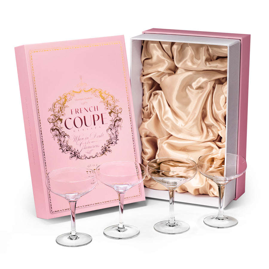 French Champagne and Cocktail Coupe Glasses Gift Set of 4 – gift box detail close-up