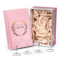 French Champagne and Cocktail Coupe Glasses Gift Set of 4 – gift box detail close-up