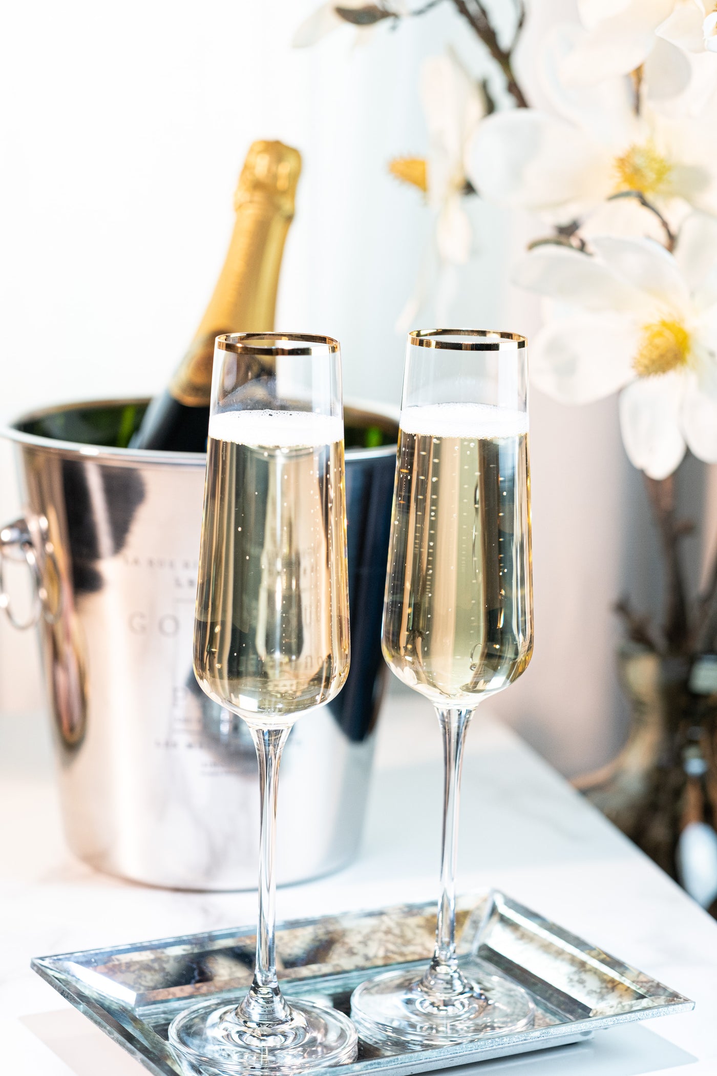 Gold Rimmed Square Champagne Glasses Gift Set of 2 – signature gift presentation