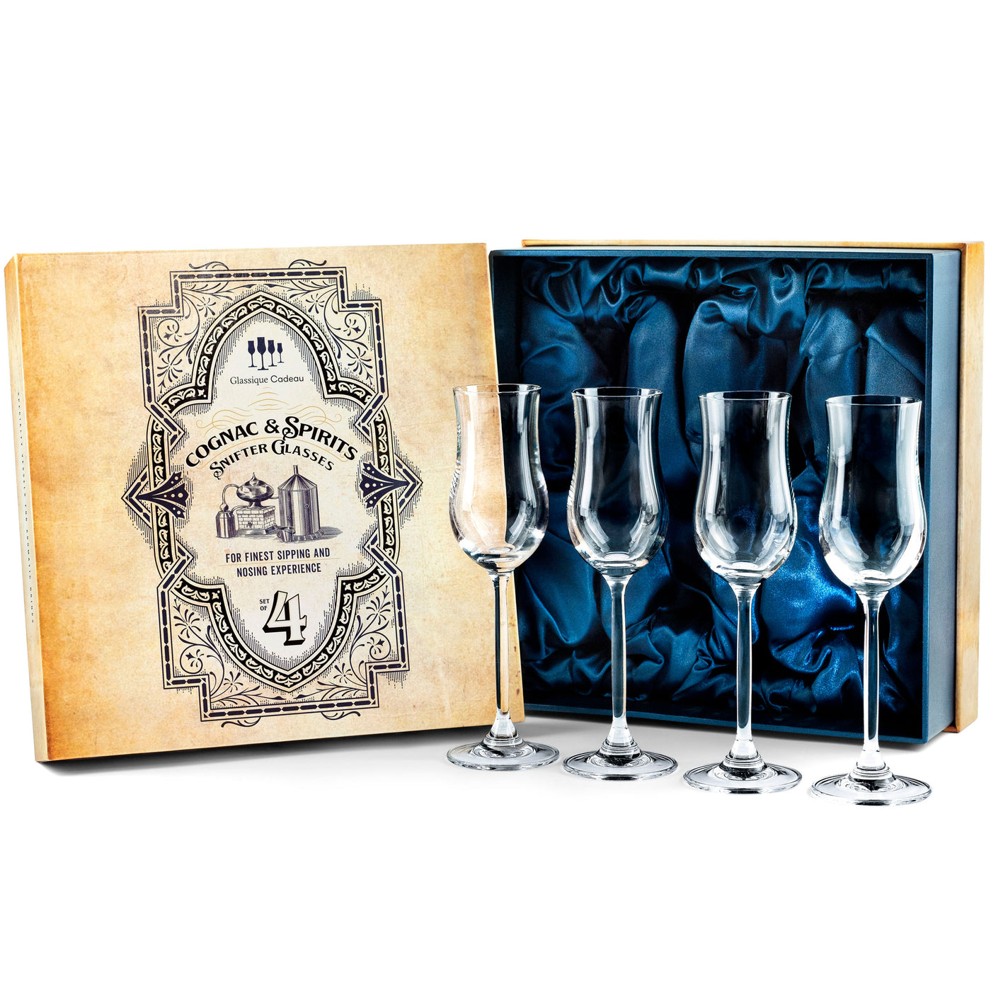 Cognac and Armagnac Tulip Snifter Copita Glasses Gift Set of 4 – ready-to-gift signature box