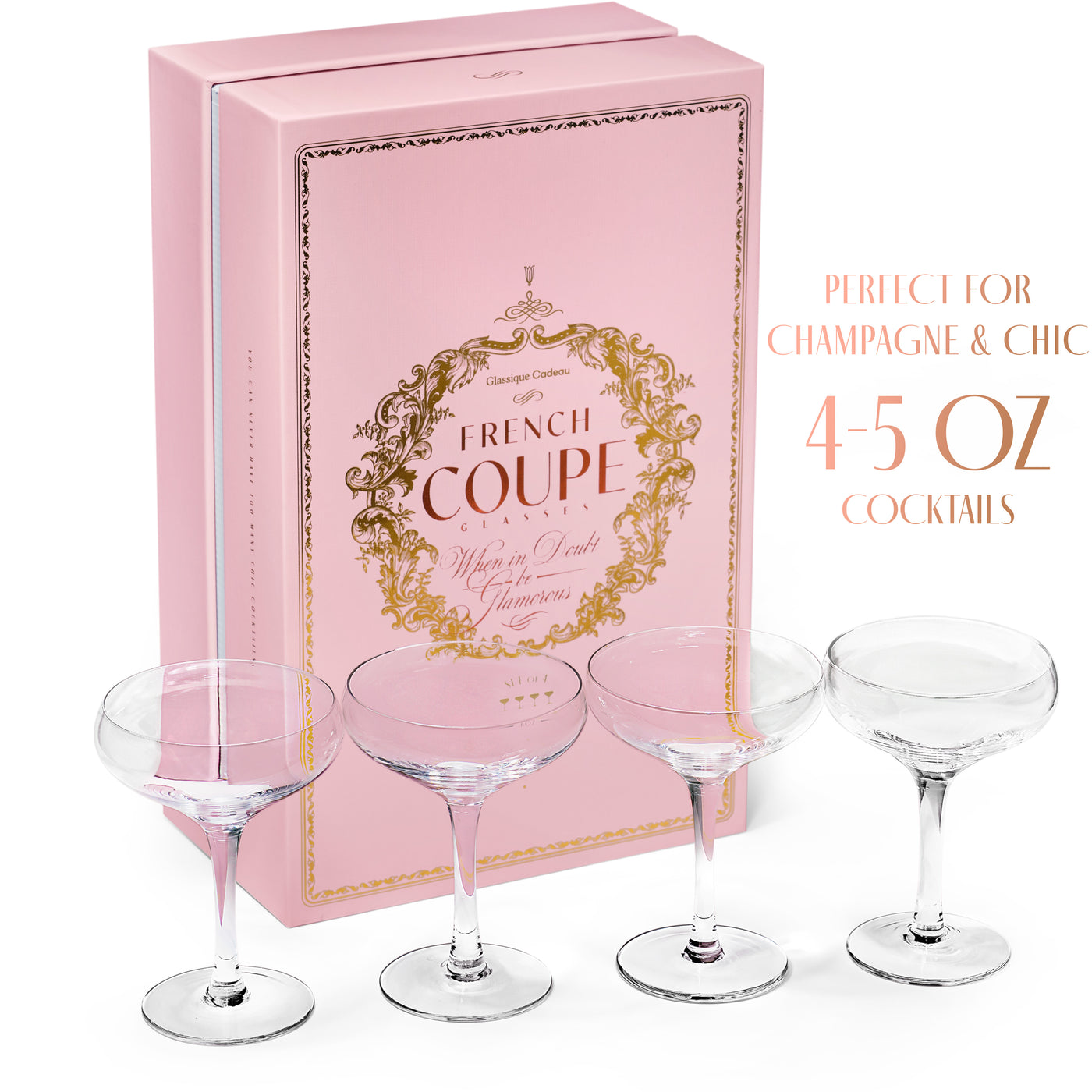 French Champagne and Cocktail Coupe Glasses Gift Set of 4 – set scale and proportions