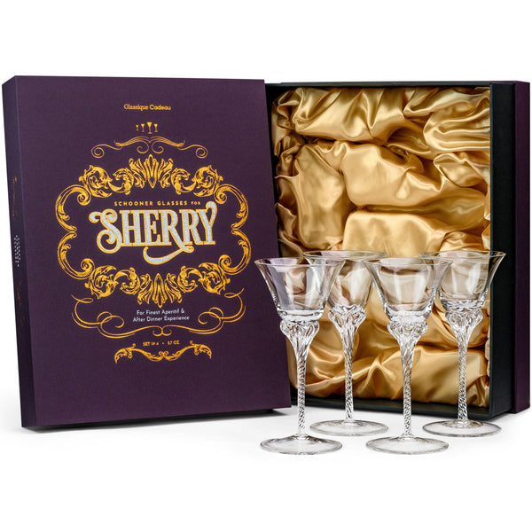 Sherry Port and Dessert Wine Crystal Schooner Sipper Glasses Gift Set of 4 – ready-to-gift signature box