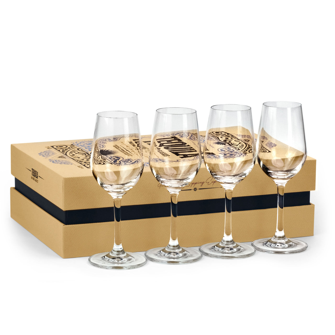 Tequila Crystal Tasting and Sipping Glasses Gift Set of 4 – signature gift box closeup with cocktail recipes
